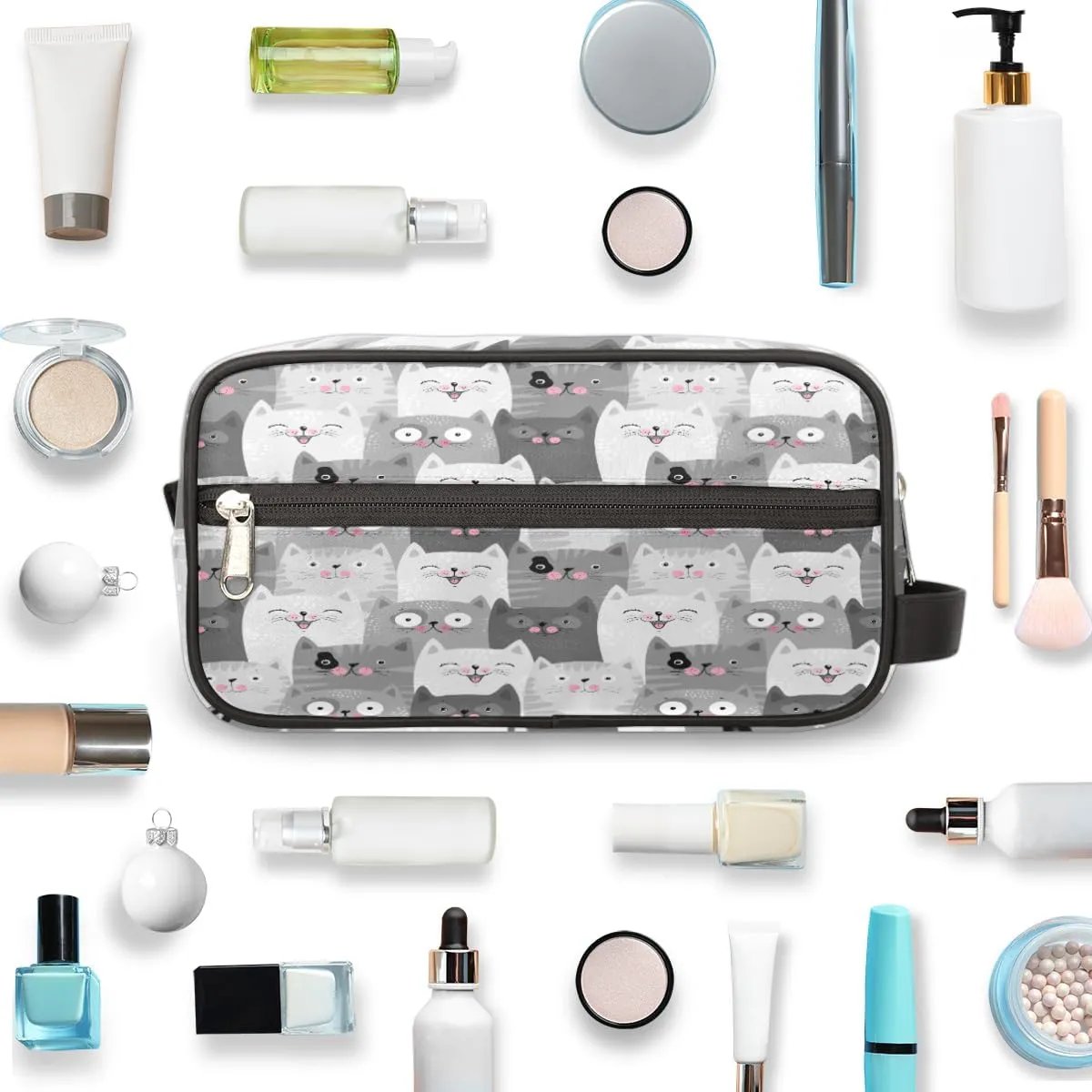 Travel Toiletry Bag for Girls Women, Water-resistant Cosmetics Makeup Bag, Hanging Storage Bags for Travel Essentials, Accessories (Gray Cat)