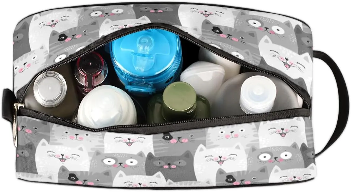 Travel Toiletry Bag for Girls Women, Water-resistant Cosmetics Makeup Bag, Hanging Storage Bags for Travel Essentials, Accessories (Gray Cat)