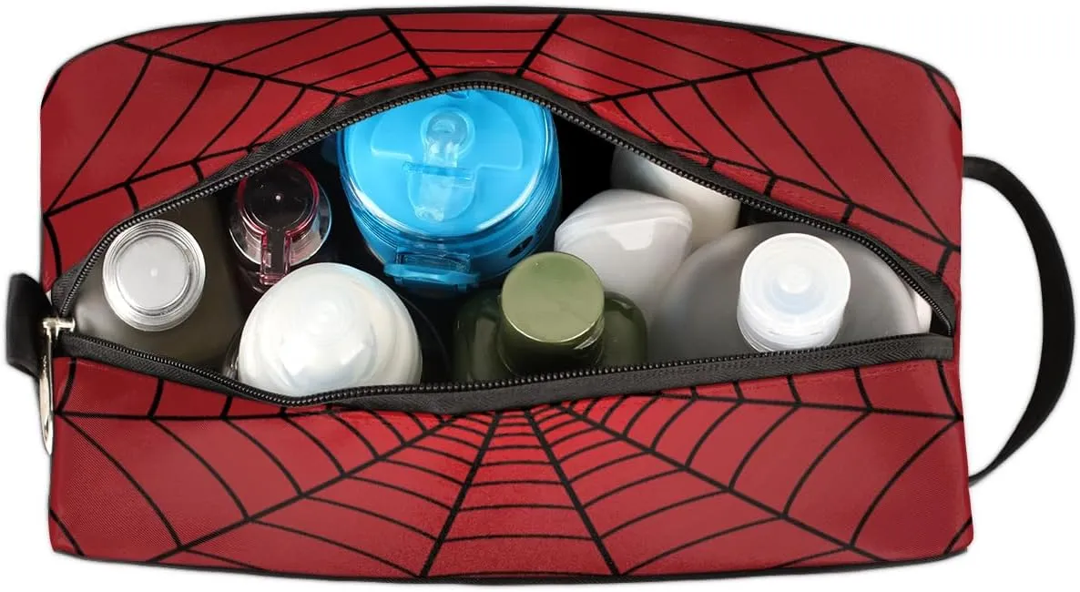 Travel Toiletry Bag for Men Women, Water-resistant Shaving Bag, Foldable Storage Bags with Handle for Toiletries Accessories Cosmetics Brushes Tools (Red Spider Web)