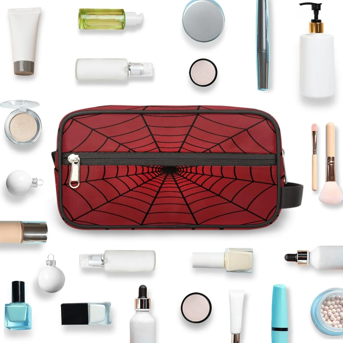 Travel Toiletry Bag for Men Women, Water-resistant Shaving Bag, Foldable Storage Bags with Handle for Toiletries Accessories Cosmetics Brushes Tools (Red Spider Web)