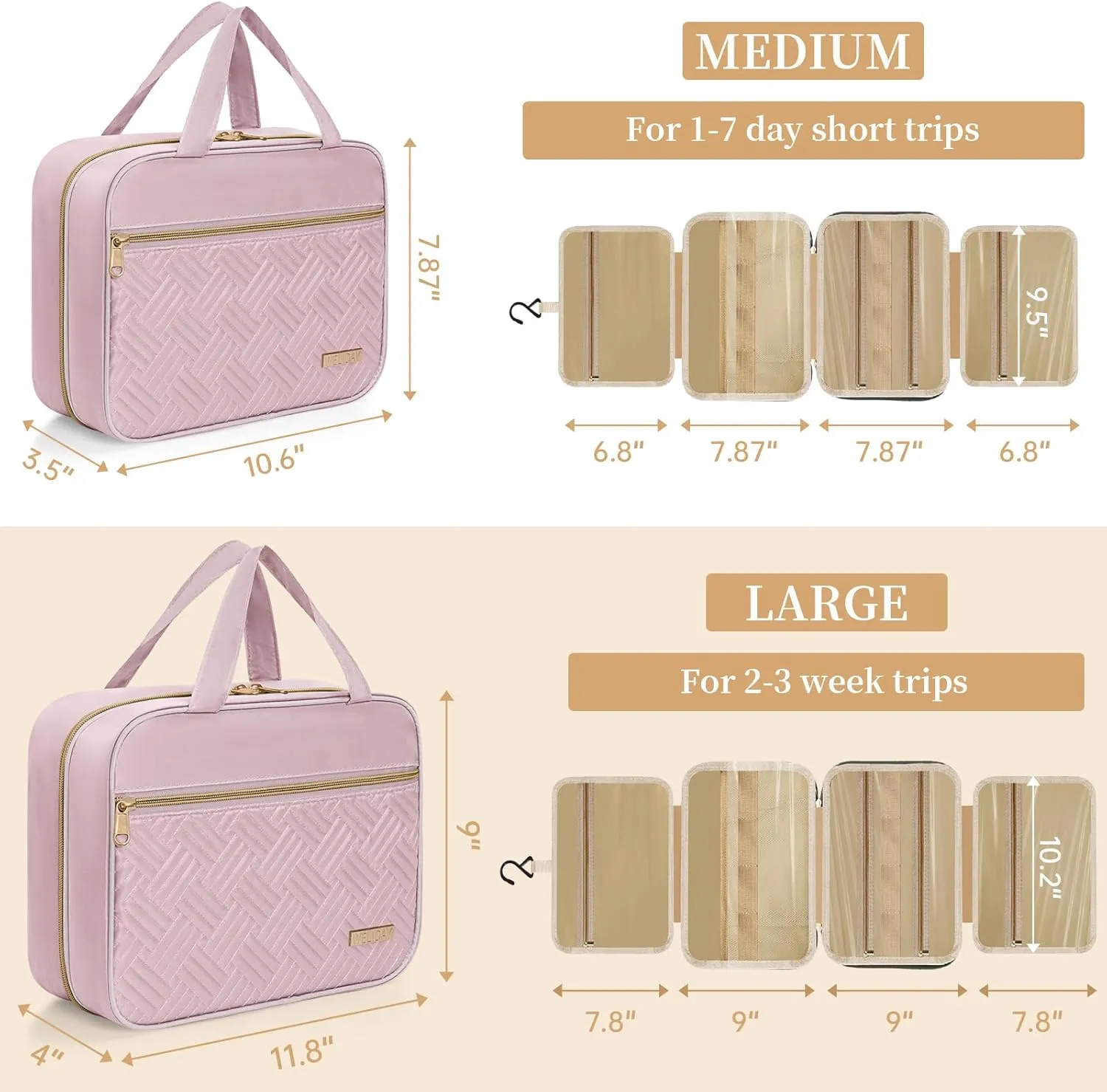Travel Toiletry Bag - Spacious Toiletry Bag with Hanging Hook, Waterproof Makeup Bag for Women & Men, Travel Essentials (Medium-Pink)