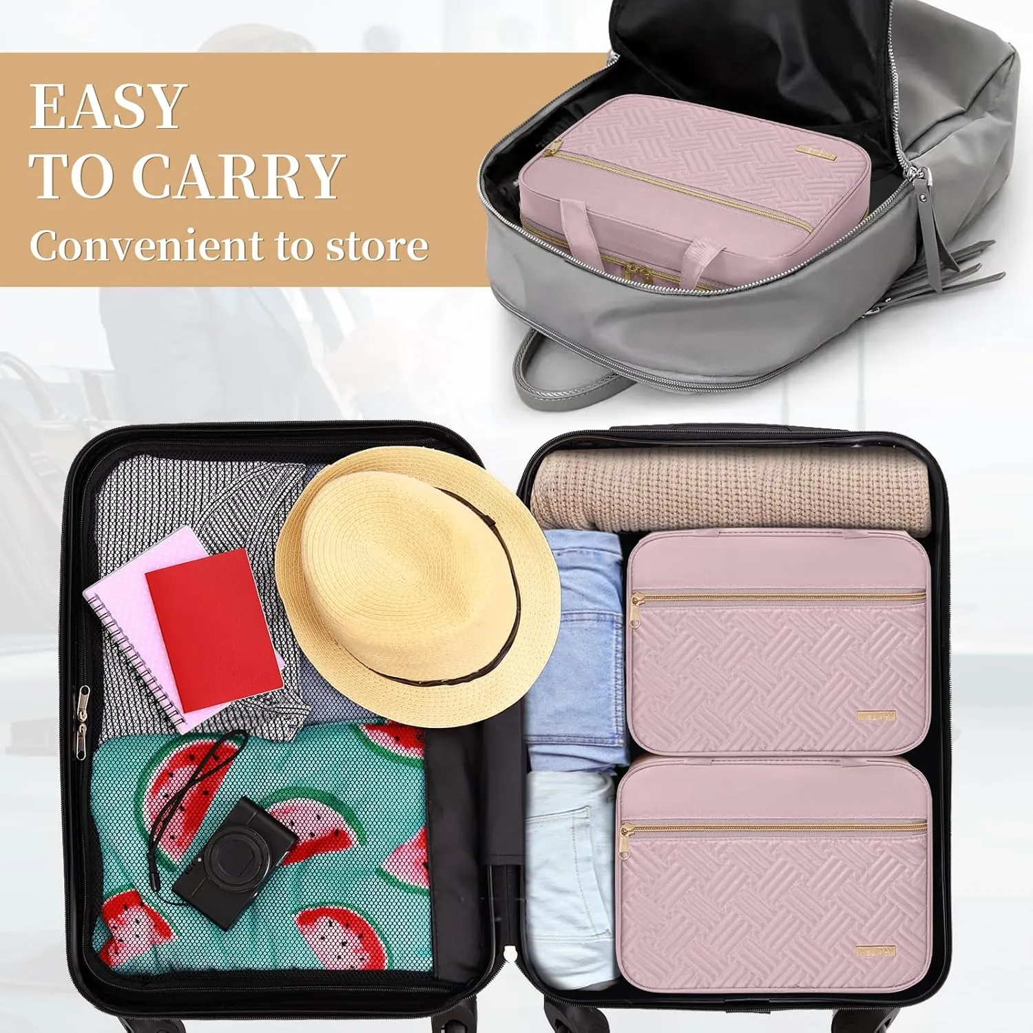 Travel Toiletry Bag - Spacious Toiletry Bag with Hanging Hook, Waterproof Makeup Bag for Women & Men, Travel Essentials (Medium-Pink)