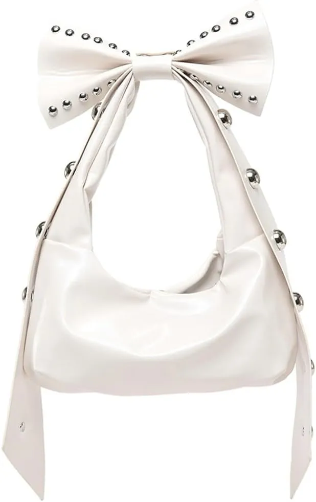 Trendy Bowknot Shoulder Bag for Women Small Y2k Vegan Leather Tote Purses Rivet Top-handle Handbags Satchels 2025