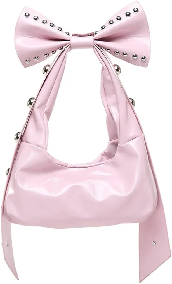 Trendy Bowknot Shoulder Bag for Women Small Y2k Vegan Leather Tote Purses Rivet Top-handle Handbags Satchels 2025