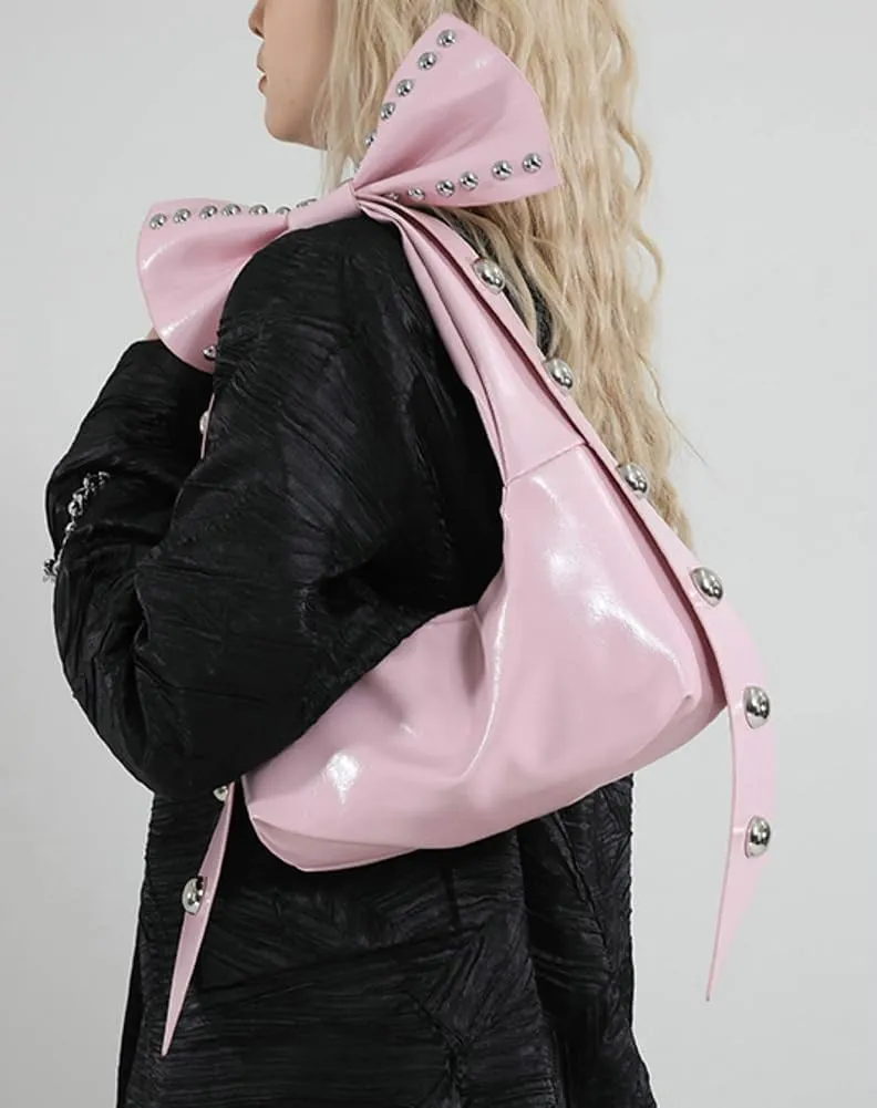 Trendy Bowknot Shoulder Bag for Women Small Y2k Vegan Leather Tote Purses Rivet Top-handle Handbags Satchels 2025