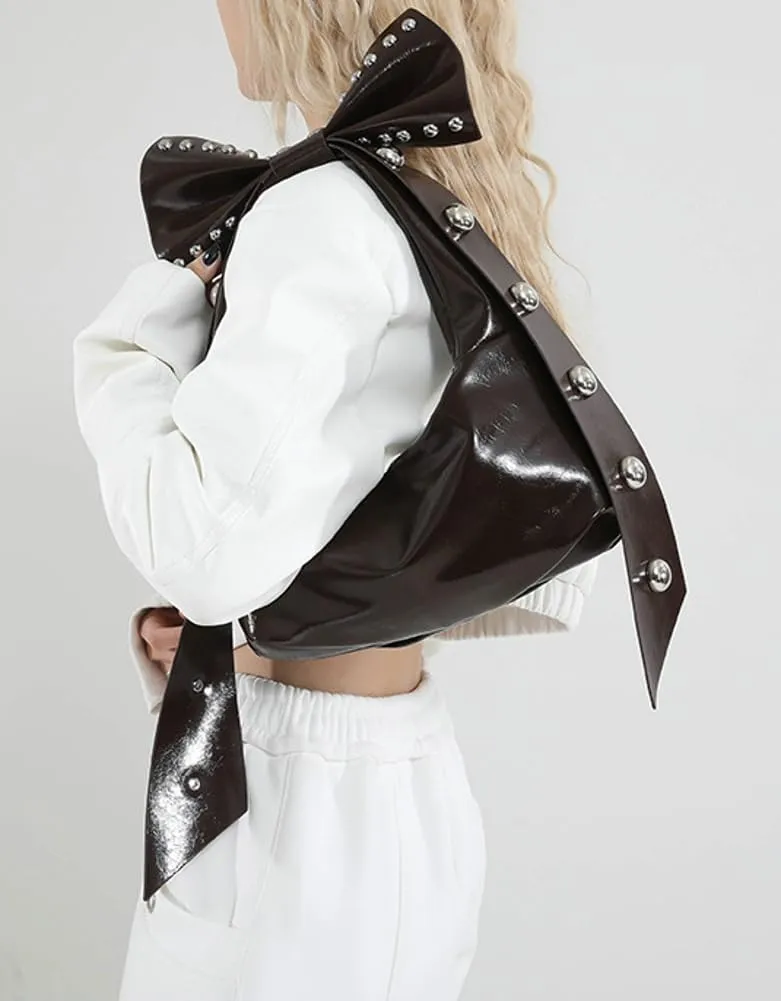 Trendy Bowknot Shoulder Bag for Women Small Y2k Vegan Leather Tote Purses Rivet Top-handle Handbags Satchels 2025