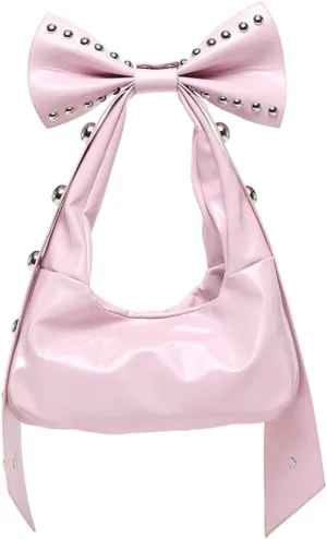 Trendy Bowknot Shoulder Bag for Women Small Y2k Vegan Leather Tote Purses Rivet Top-handle Handbags Satchels 2025