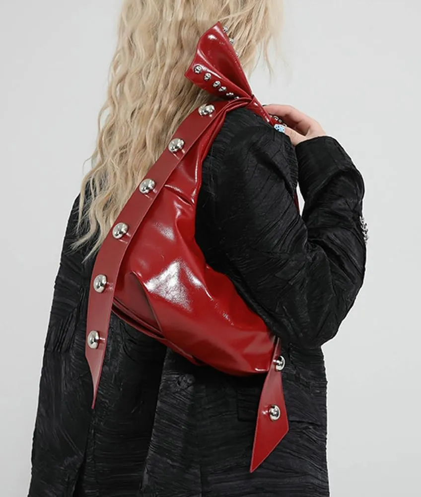 Trendy Bowknot Shoulder Bag for Women Small Y2k Vegan Leather Tote Purses Rivet Top-handle Handbags Satchels 2025