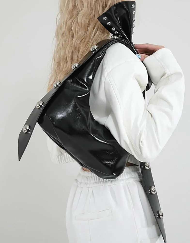 Trendy Bowknot Shoulder Bag for Women Small Y2k Vegan Leather Tote Purses Rivet Top-handle Handbags Satchels 2025