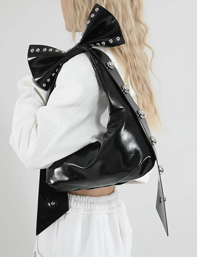 Trendy Bowknot Shoulder Bag for Women Small Y2k Vegan Leather Tote Purses Rivet Top-handle Handbags Satchels 2025