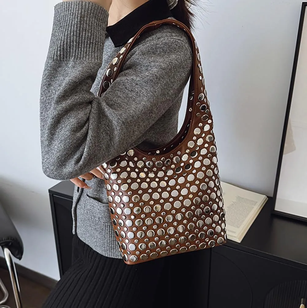 Trendy Leather Shoulder Bags For Women Studded Hobo Bag For Travel Womens Y2K Underarm Purse Small Punk Tote Handbag