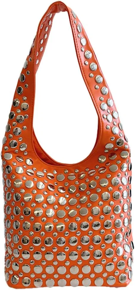 Trendy Leather Shoulder Bags For Women Studded Hobo Bag For Travel Womens Y2K Underarm Purse Small Punk Tote Handbag