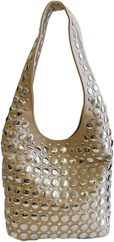 Trendy Leather Shoulder Bags For Women Studded Hobo Bag For Travel Womens Y2K Underarm Purse Small Punk Tote Handbag