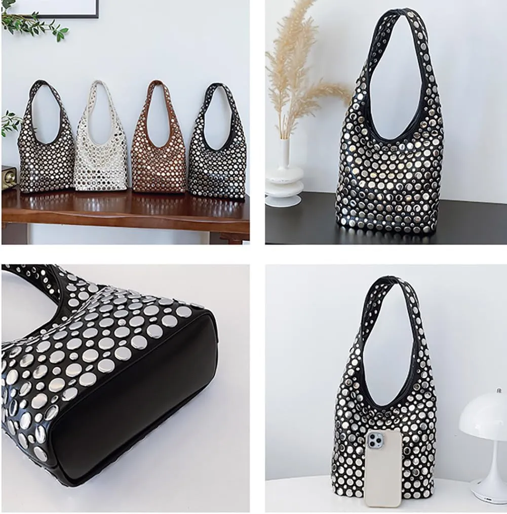 Trendy Leather Shoulder Bags For Women Studded Hobo Bag For Travel Womens Y2K Underarm Purse Small Punk Tote Handbag