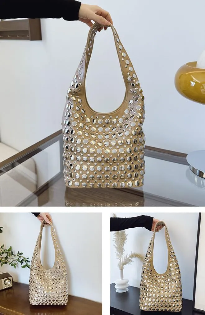 Trendy Leather Shoulder Bags For Women Studded Hobo Bag For Travel Womens Y2K Underarm Purse Small Punk Tote Handbag