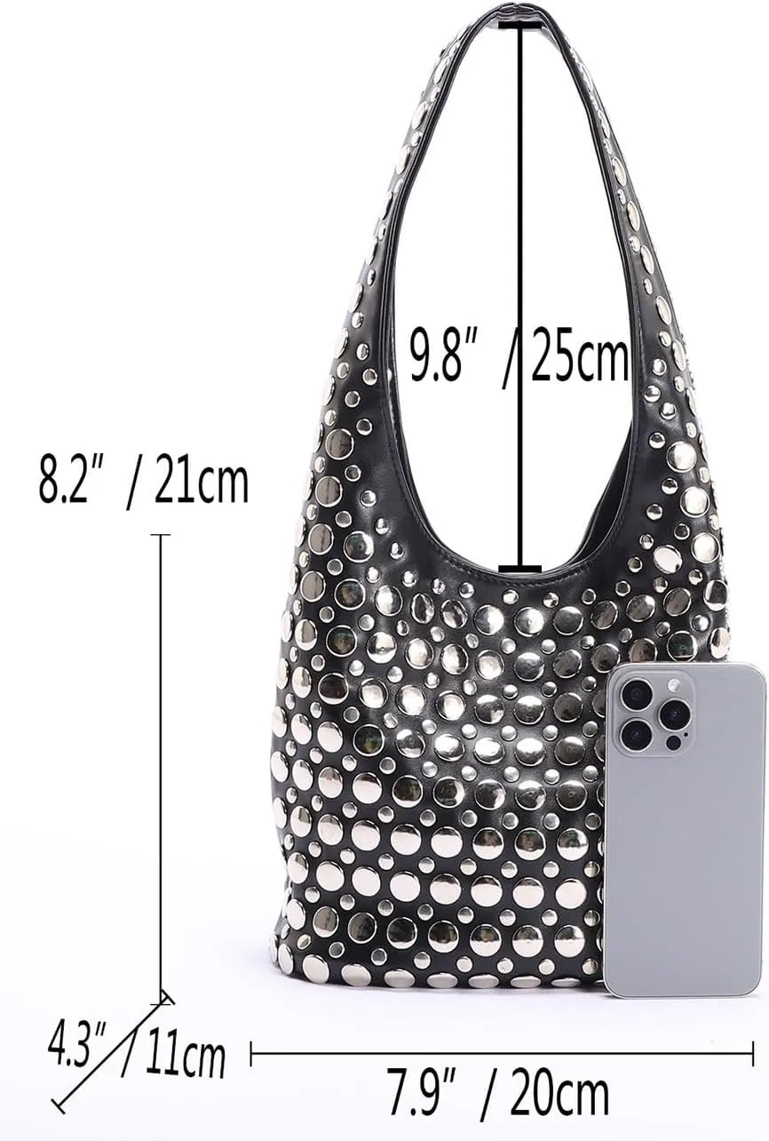 Trendy Leather Shoulder Bags For Women Studded Hobo Bag For Travel Womens Y2K Underarm Purse Small Punk Tote Handbag