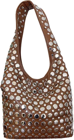 Trendy Leather Shoulder Bags For Women Studded Hobo Bag For Travel Womens Y2K Underarm Purse Small Punk Tote Handbag