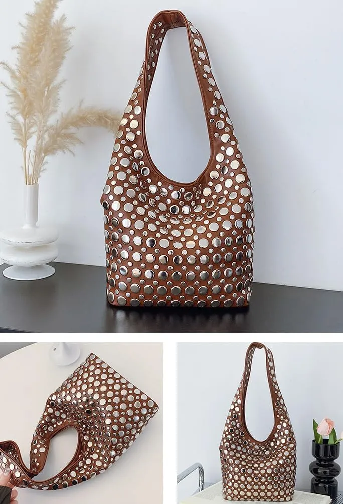 Trendy Leather Shoulder Bags For Women Studded Hobo Bag For Travel Womens Y2K Underarm Purse Small Punk Tote Handbag