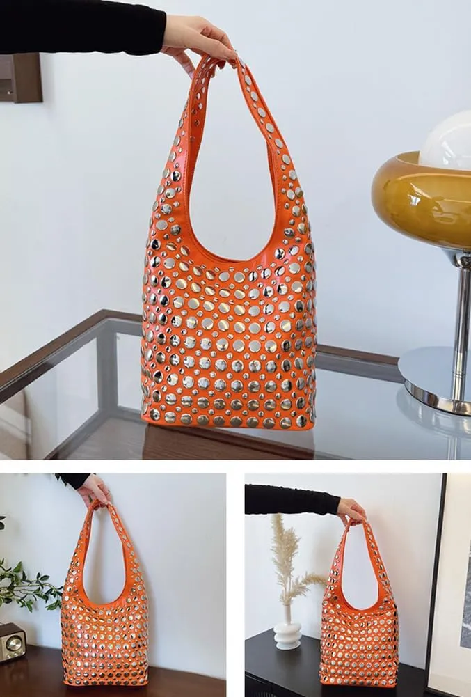 Trendy Leather Shoulder Bags For Women Studded Hobo Bag For Travel Womens Y2K Underarm Purse Small Punk Tote Handbag