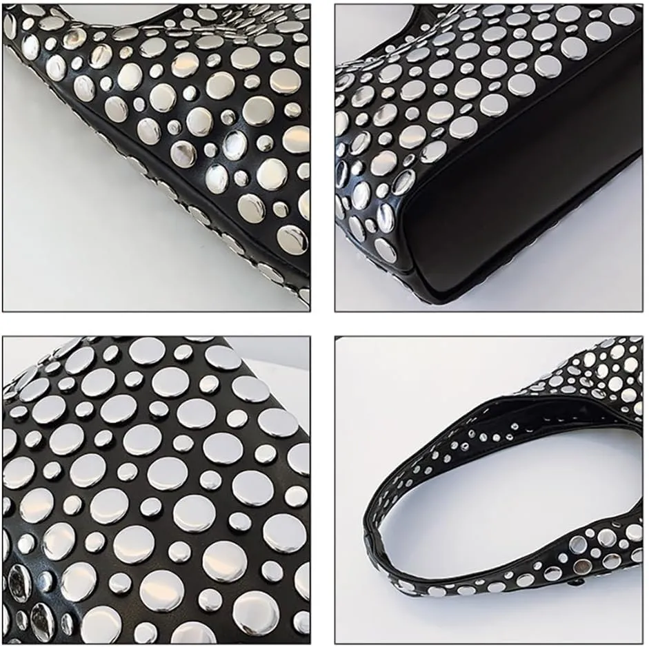 Trendy Leather Shoulder Bags For Women Studded Hobo Bag For Travel Womens Y2K Underarm Purse Small Punk Tote Handbag