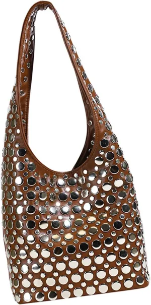 Trendy Studs Studded Shoulder Bag For Fashion Women Lightweight And Practical PU Armpit Bags Casual Bucket Handbag, Brown, as the pic show