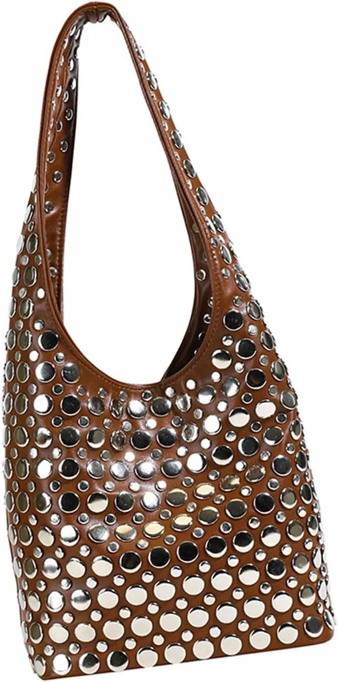 Trendy Studs Studded Shoulder Bag For Fashion Women Lightweight And Practical PU Armpit Bags Casual Bucket Handbag, Brown, as the pic show