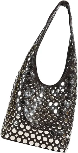 Trendy Studs Studded Shoulder Bag For Fashion Women Lightweight And Practical PU Armpit Bags Casual Bucket Handbag, Coffee Color, as the pic show