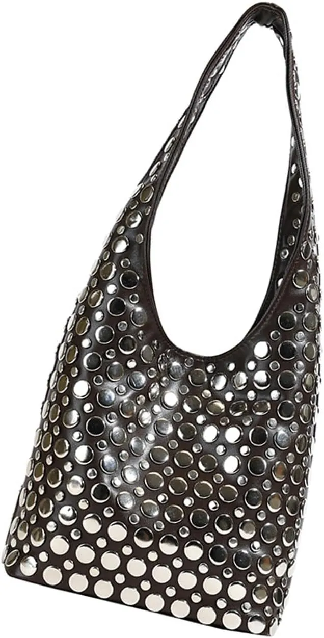 Trendy Studs Studded Shoulder Bag For Fashion Women Lightweight And Practical PU Armpit Bags Casual Bucket Handbag, Coffee Color, as the pic show