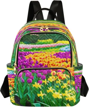 Tulips Daffodils Lush Green Backpack Purse for Women Fashion Small Mini Daypack Purse for Lady Anti-theft Shoulder Bag Back Pack Handbag Lady Purse