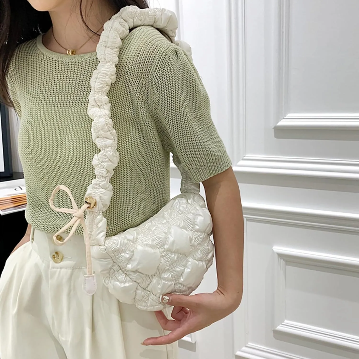 TWO KAT Metallic Quilted Shoulder Tote Purse Adjustable Strap Women, Puffer Hobo Crossbody Handbag, Lightweight Sling Bags