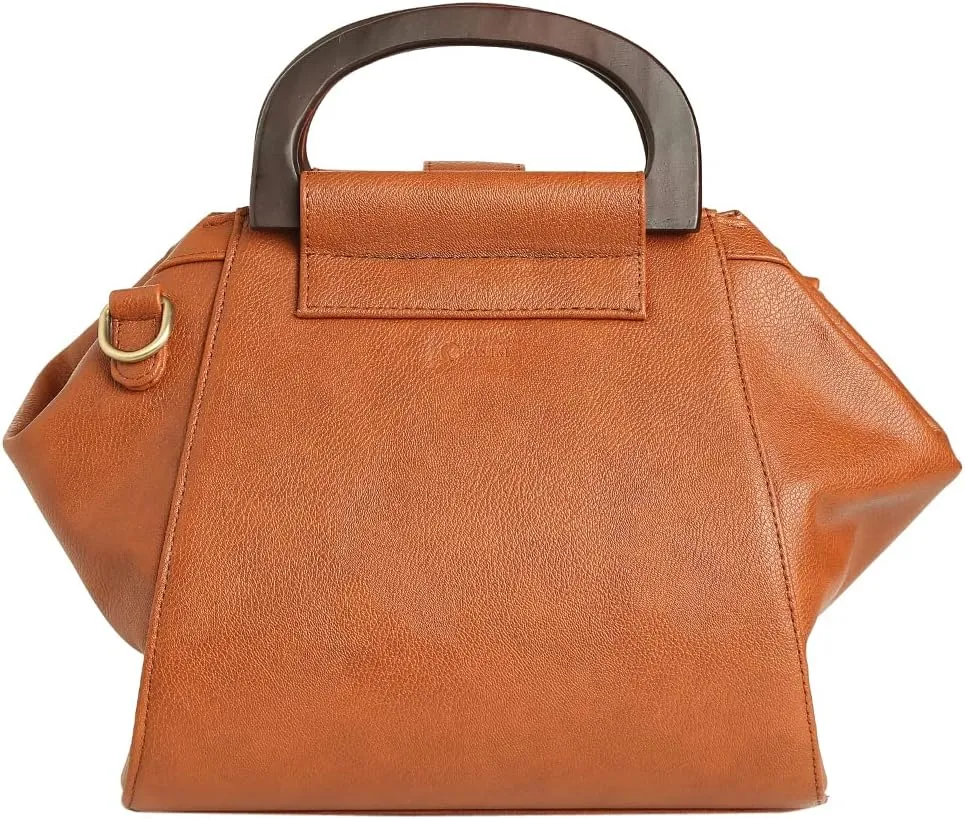 Unica Handbag |Stylish & Spacious, Wooden Handle, Adjustable Strap, Zip & Magnetic Closure, Vegan Leather (Tan)