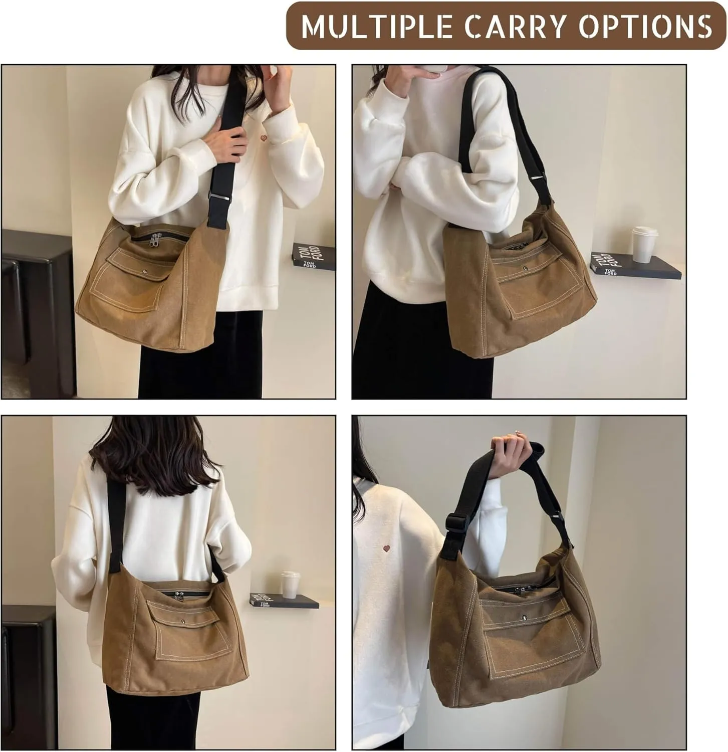 Vintage Canvas Messenger Bag for Women, Hippie Crossbody Hobo Purse with Multiple Pockets