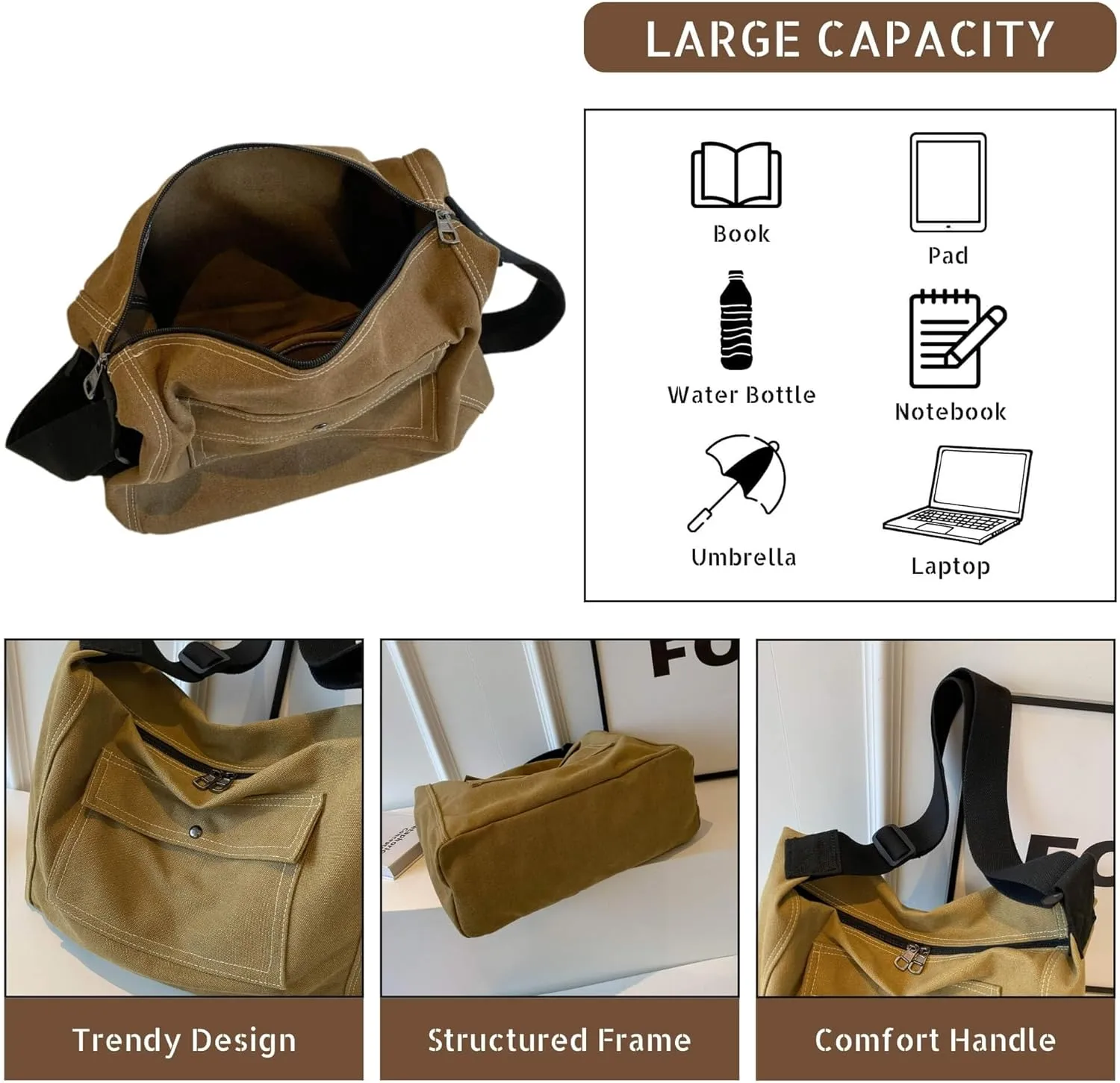 Vintage Canvas Messenger Bag for Women, Hippie Crossbody Hobo Purse with Multiple Pockets