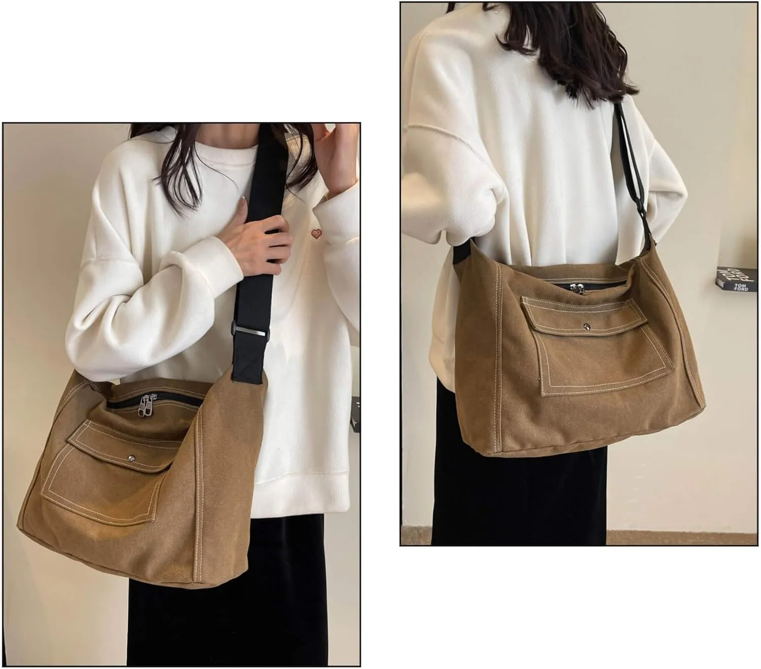 Vintage Canvas Messenger Bag for Women, Hippie Crossbody Hobo Purse with Multiple Pockets