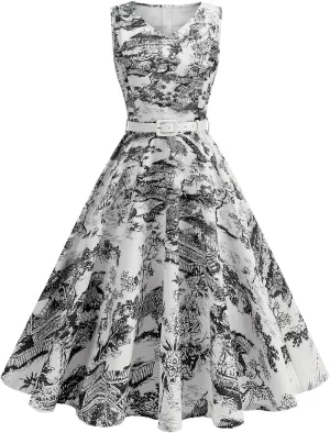 Vintage Dress for Women 1950s Tea Party Floral Print Hepburn Dresses Cocktail Swing Dress with Belt