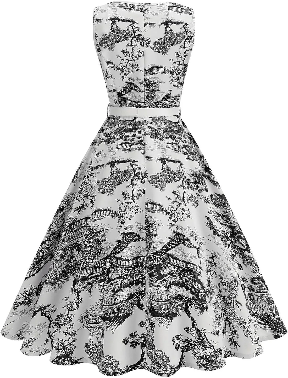 Vintage Dress for Women 1950s Tea Party Floral Print Hepburn Dresses Cocktail Swing Dress with Belt