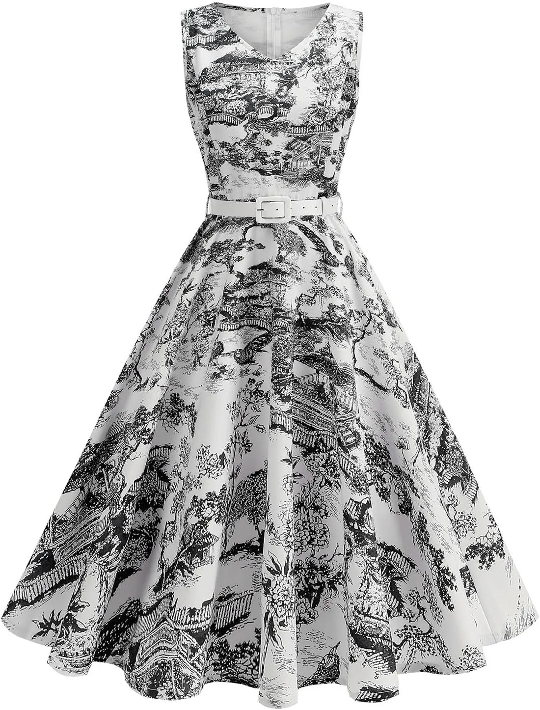 Vintage Dress for Women 1950s Tea Party Floral Print Hepburn Dresses Cocktail Swing Dress with Belt