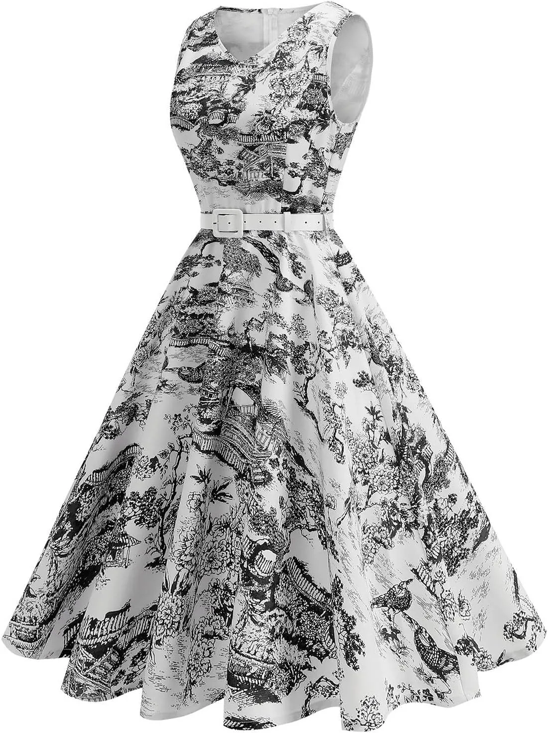 Vintage Dress for Women 1950s Tea Party Floral Print Hepburn Dresses Cocktail Swing Dress with Belt