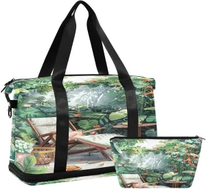 Vintage Lush Greenery Sports Gym Bag with Waterproof Dry Wet Pocket, Travel Duffel Bag for Women MenWorkout Bag Fits Yoga, Swimming