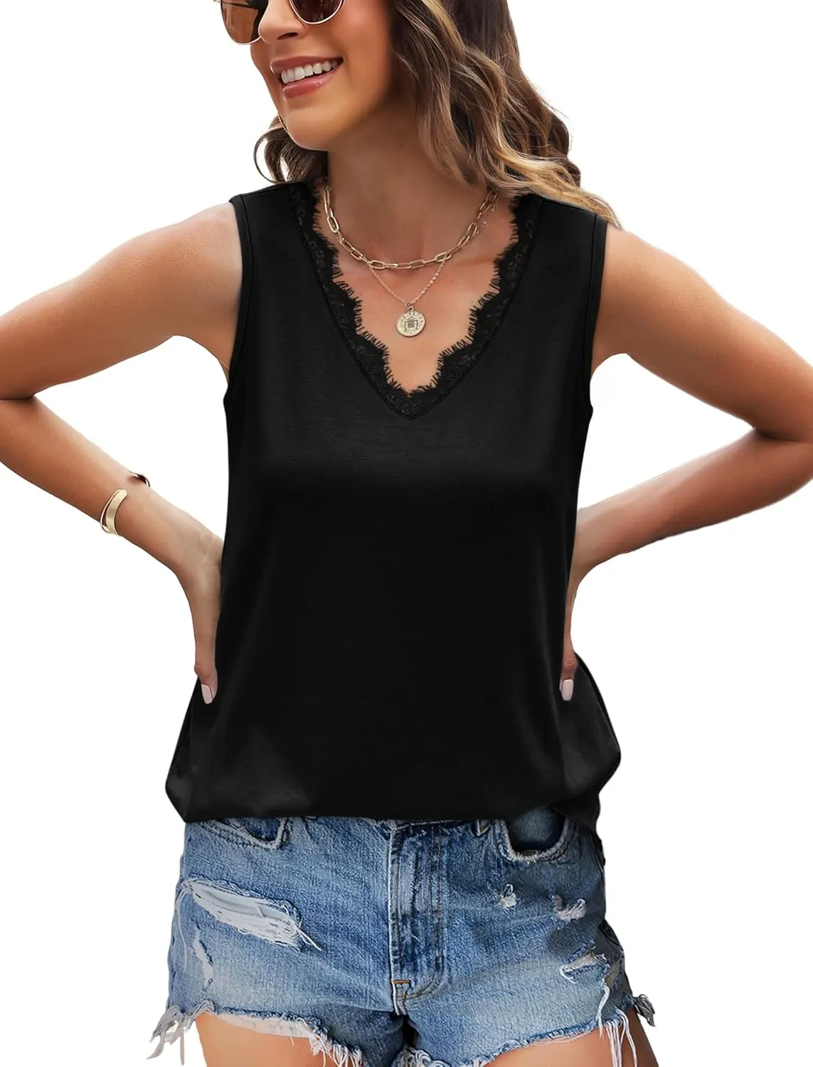 WIHOLL Womens Summer Tank Tops Loose Fit Lace V Neck Sleeveless Tops Shirts Dressy Casual Flowy(S-3XL)