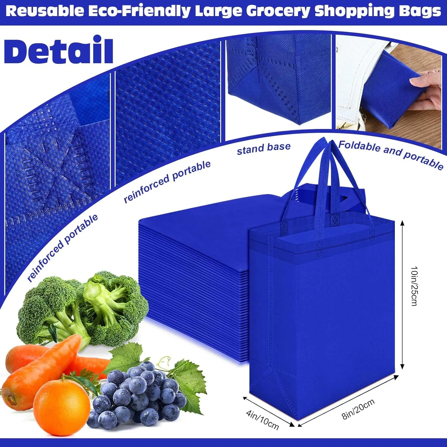 Windyun 200 Pcs Reusable Tote Bag Bulk Non Woven Shopping Bag with Handle Reusable Grocery gift Tote(Blue,8 x 10 x 4 Inch)