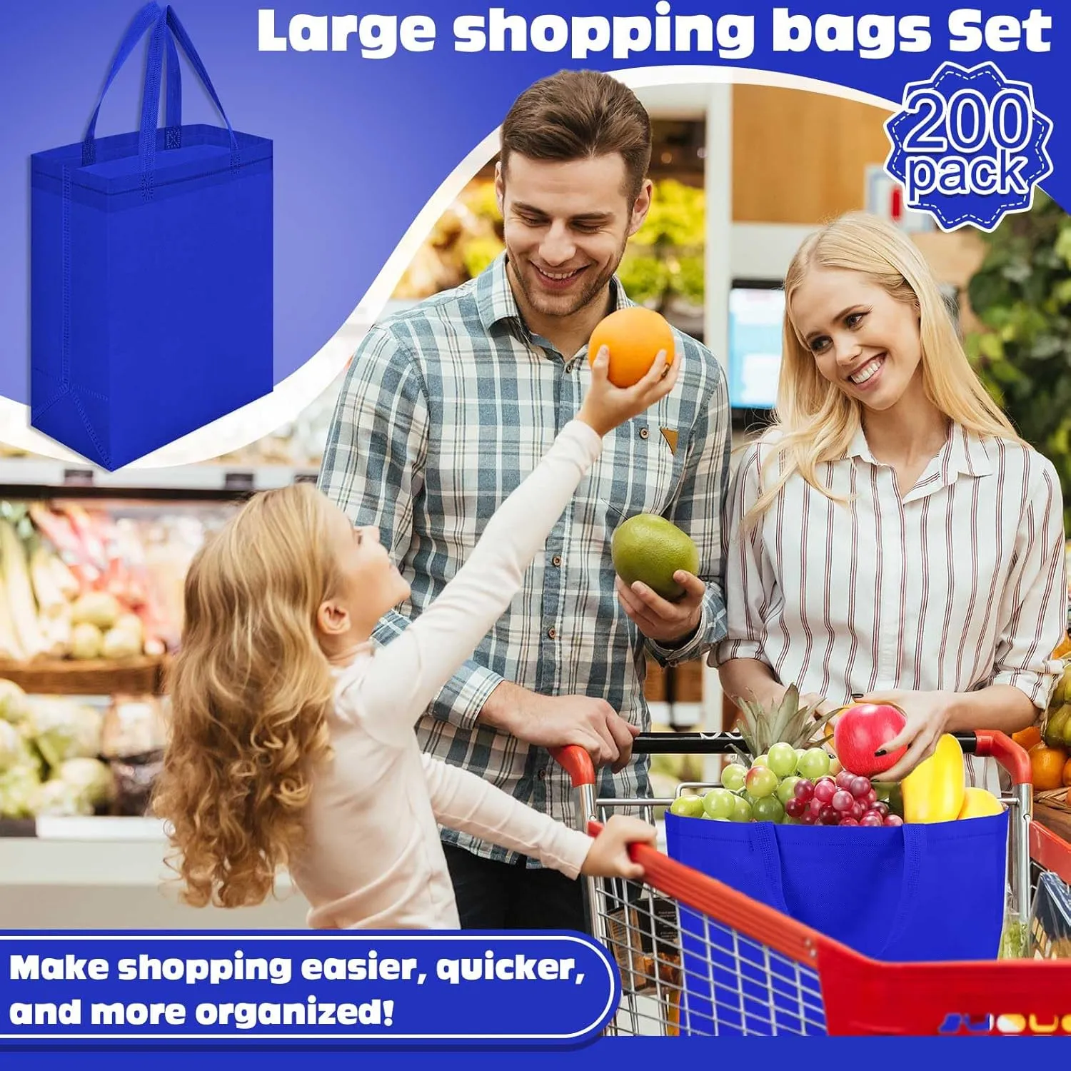 Windyun 200 Pcs Reusable Tote Bag Bulk Non Woven Shopping Bag with Handle Reusable Grocery gift Tote(Blue,8 x 10 x 4 Inch)
