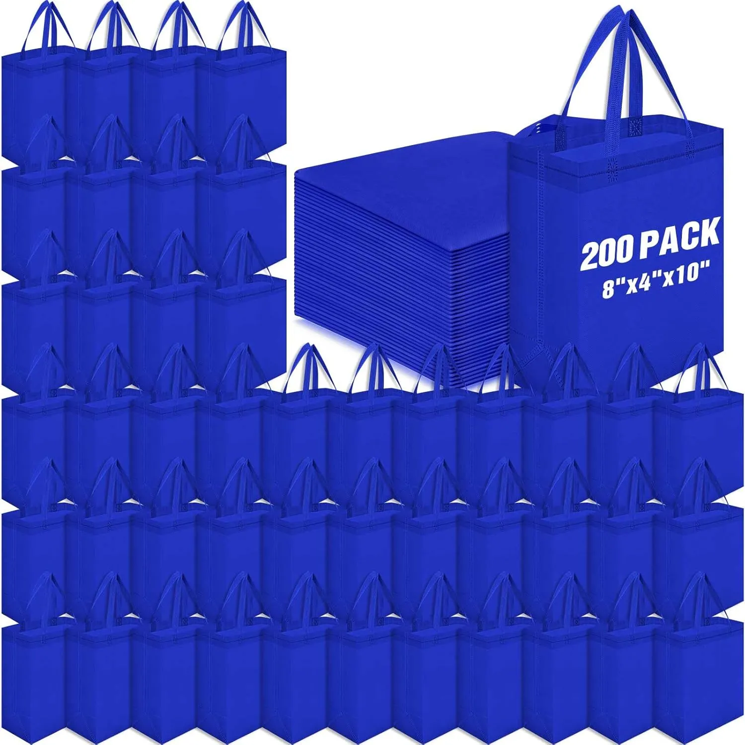 Windyun 200 Pcs Reusable Tote Bag Bulk Non Woven Shopping Bag with Handle Reusable Grocery gift Tote(Blue,8 x 10 x 4 Inch)