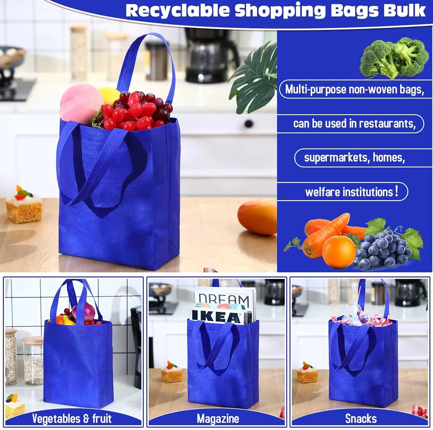 Windyun 200 Pcs Reusable Tote Bag Bulk Non Woven Shopping Bag with Handle Reusable Grocery gift Tote(Blue,8 x 10 x 4 Inch)