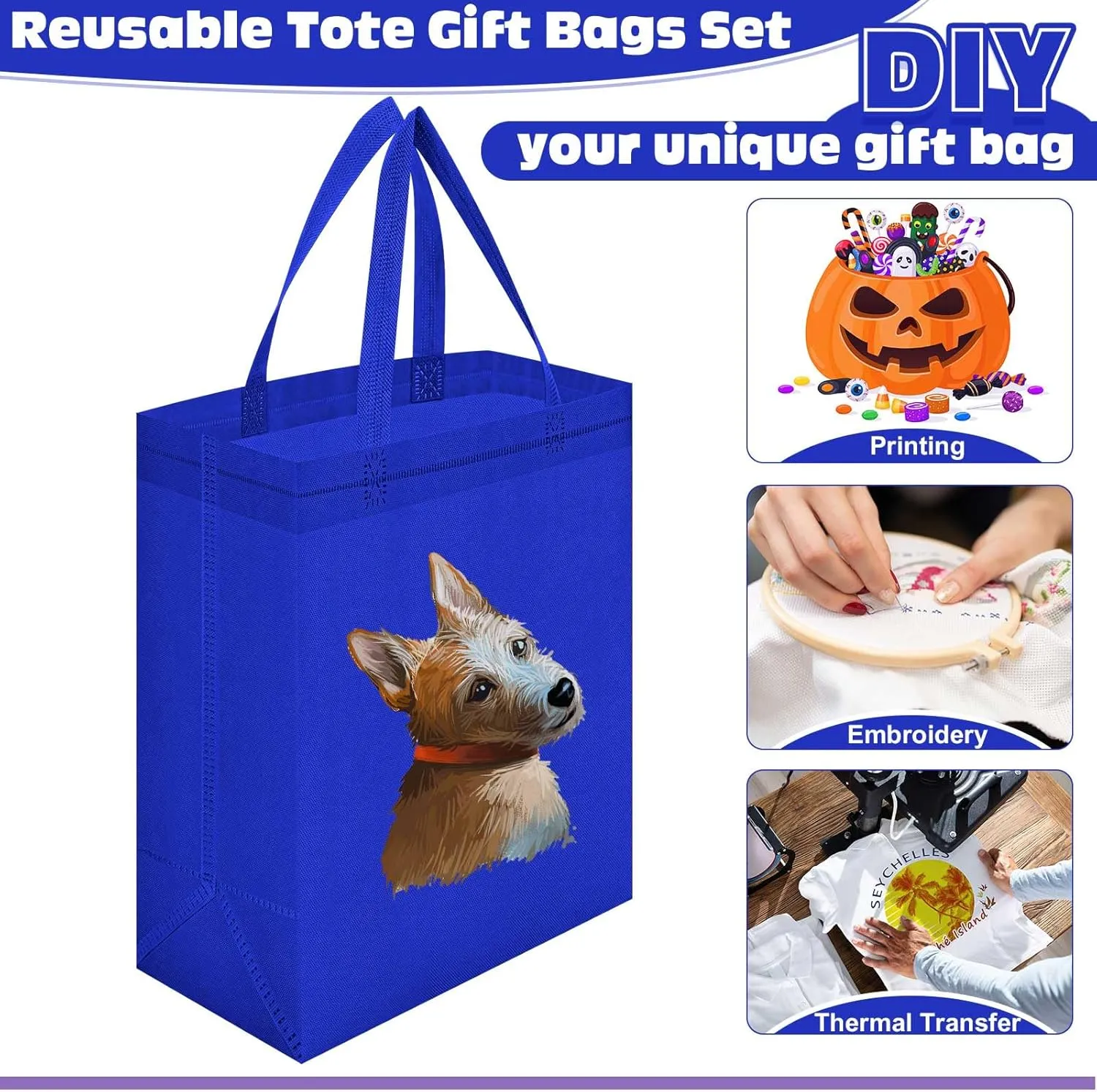 Windyun 200 Pcs Reusable Tote Bag Bulk Non Woven Shopping Bag with Handle Reusable Grocery gift Tote(Blue,8 x 10 x 4 Inch)