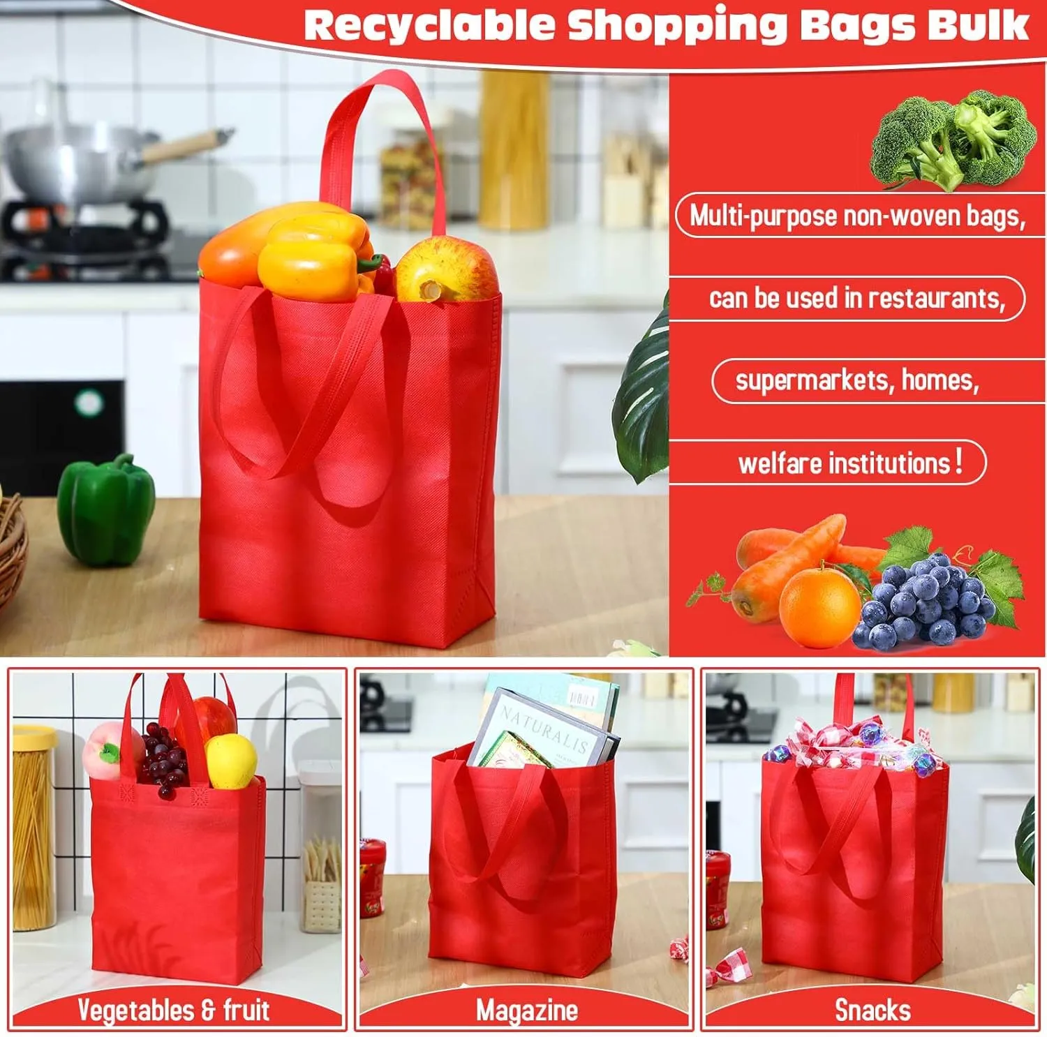 Windyun 200 Pcs Reusable Tote Bag Bulk Non Woven Shopping Bag with Handle Reusable Grocery gift Tote(Red,8 x 10 x 4 Inch)