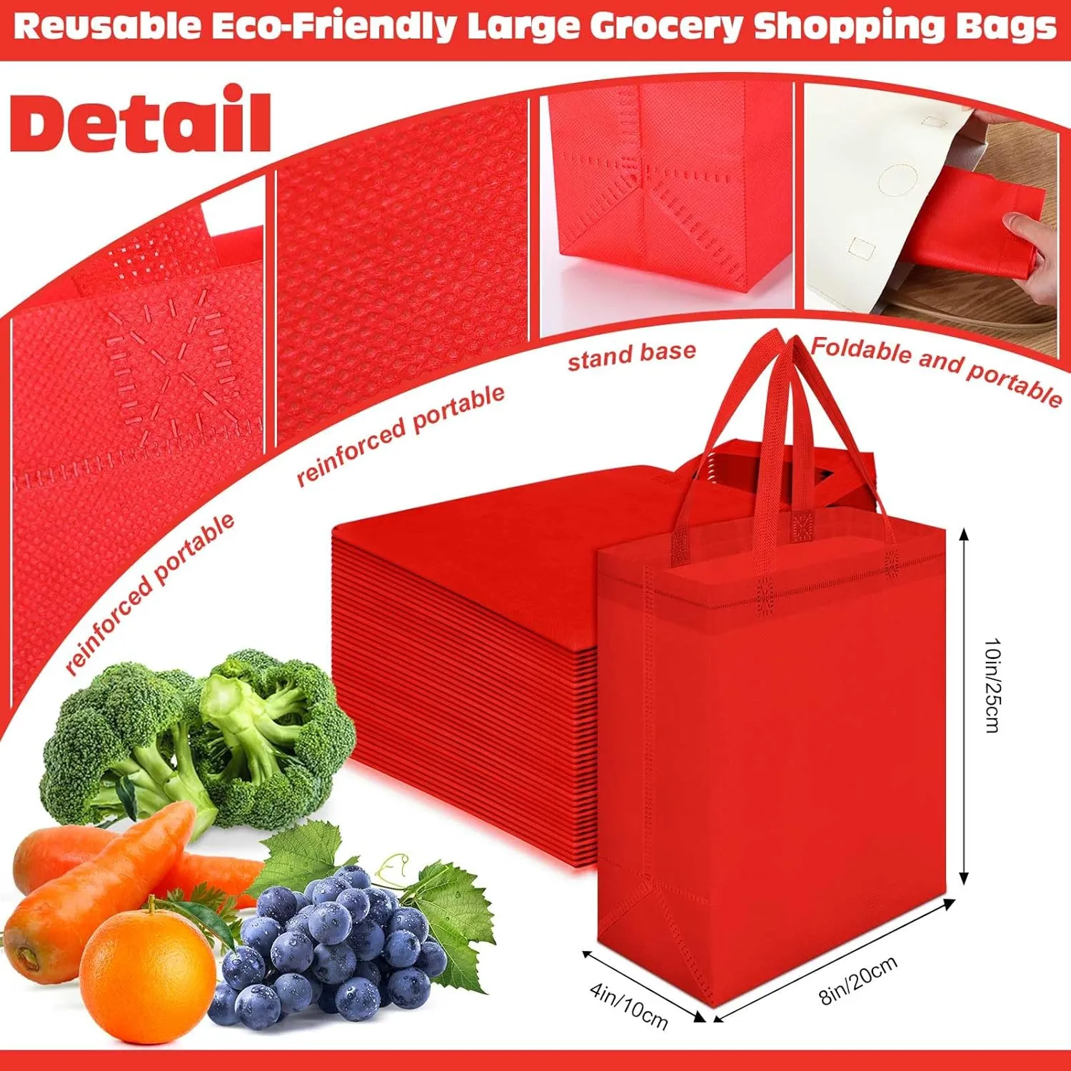 Windyun 200 Pcs Reusable Tote Bag Bulk Non Woven Shopping Bag with Handle Reusable Grocery gift Tote(Red,8 x 10 x 4 Inch)