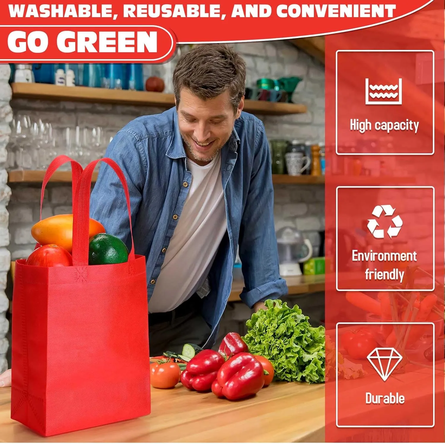 Windyun 200 Pcs Reusable Tote Bag Bulk Non Woven Shopping Bag with Handle Reusable Grocery gift Tote(Red,8 x 10 x 4 Inch)