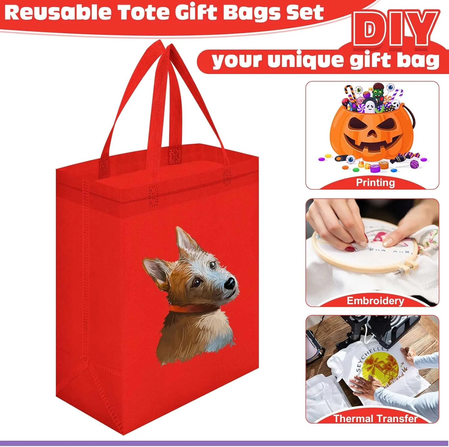 Windyun 200 Pcs Reusable Tote Bag Bulk Non Woven Shopping Bag with Handle Reusable Grocery gift Tote(Red,8 x 10 x 4 Inch)