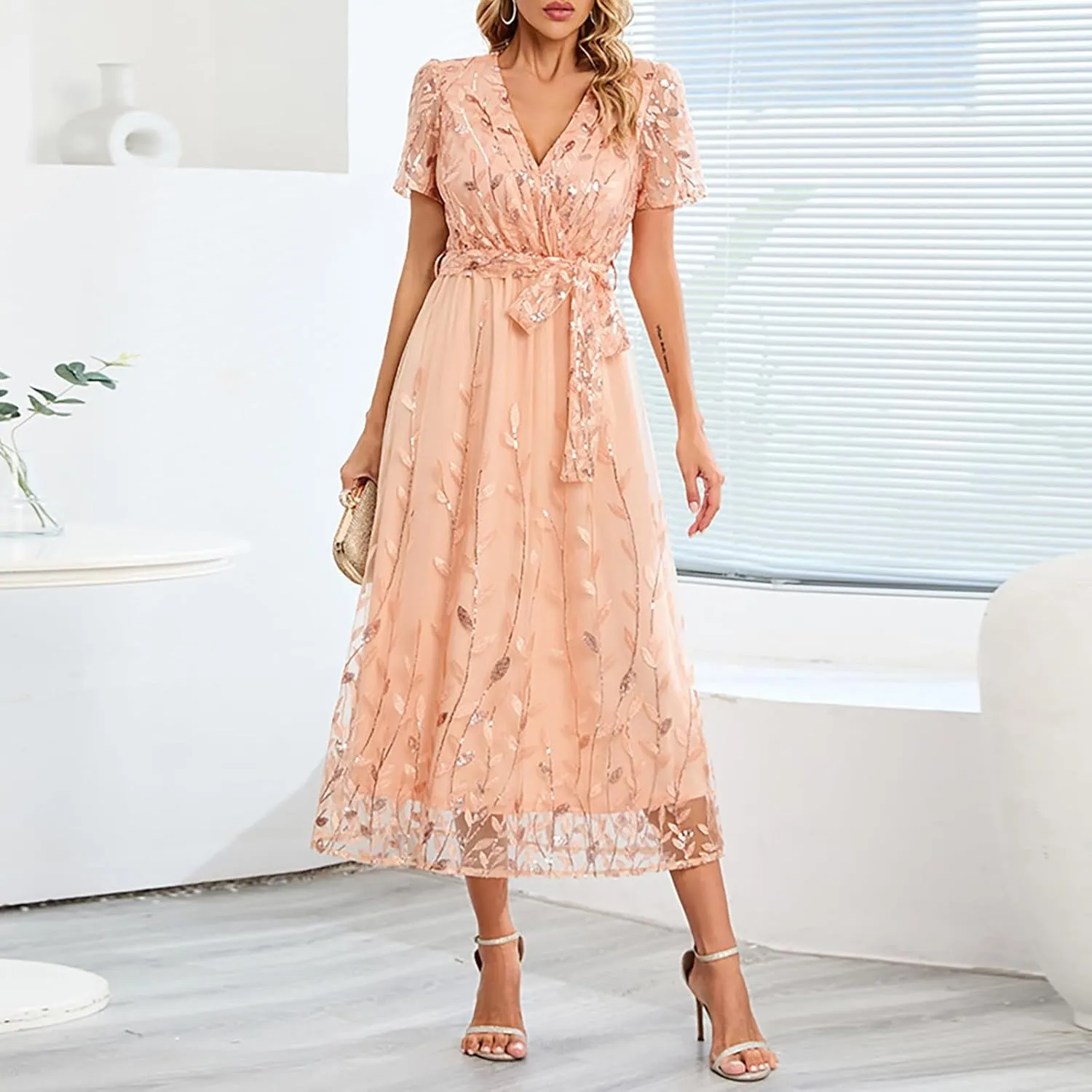 Woman Midi Dress V Neck Short Sleeve Tie Waist Tiered Lace Embroidered Wedding Guest Dresses Cocktail Evening Clothes